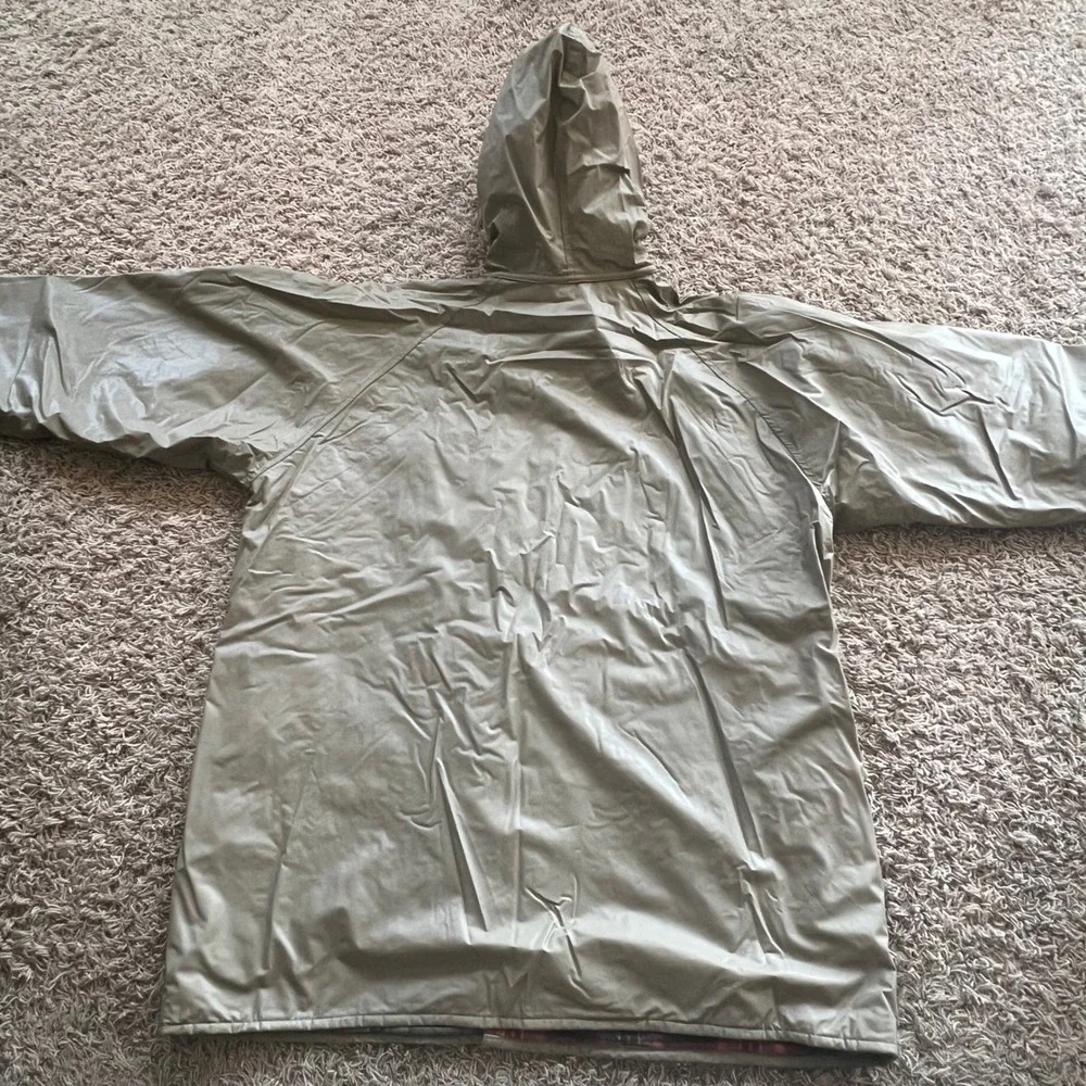 Misty Harbor Any Weather Slicker Khaki Rain Jacket Plaid Lined Hooded Sz Large